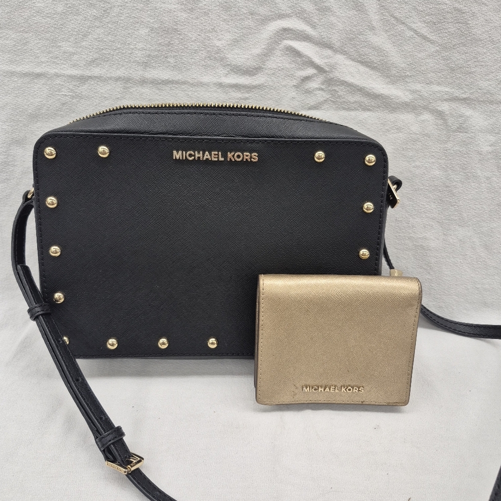 Michael Kors Sandrine Stud Crossbody Purse Black Saffiano Leather/Bifold Wallet